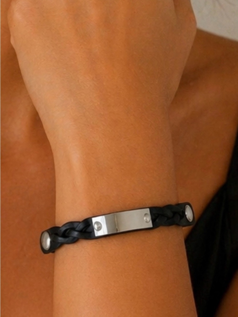 Plunder Braided Black Leather Bracelet with Silver Plate